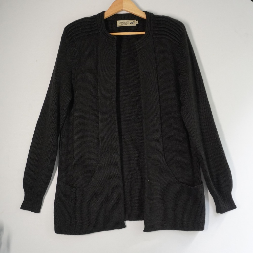 VTG Peruvian Link Alpaca Cardigan Knit Open Front Pockets Black S Cozy Lagenlook